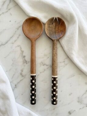 Polka Dot Handle Wooden Salad Serving Spoon and Fork Set - Brown